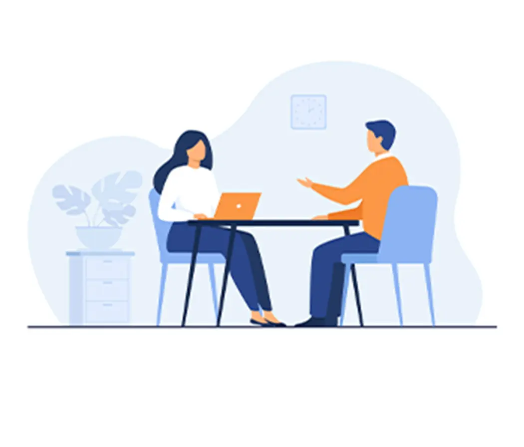 デスクでノートパソコンを使う女性と、対面で話す男性のビジネスミーティングのイラスト