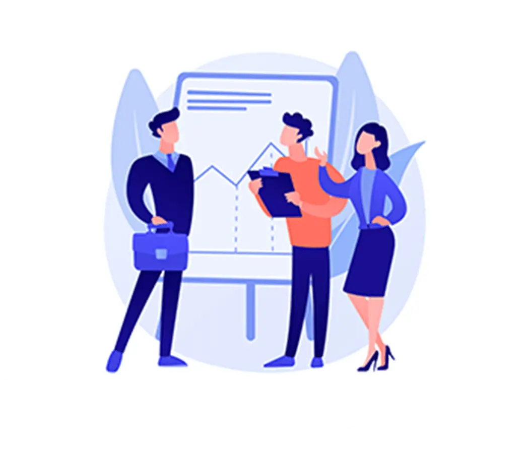 グラフが描かれたホワイトボードの前で、ビジネスバッグを持つ男性、資料を見る男性、説明する女性の3人のチーム会議のイラスト