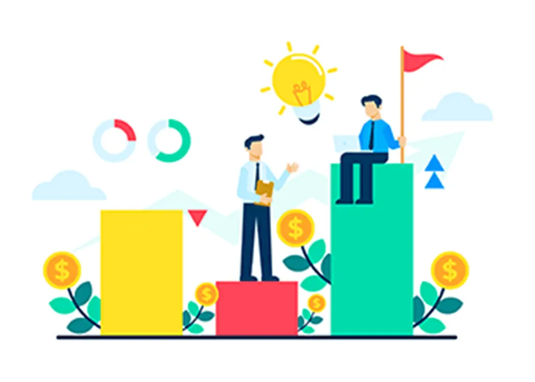 成長する棒グラフの上で、ノートパソコンを使いながらフラッグを掲げる男性と、説明をする男性、電球とコインが浮かぶビジネスの成功とアイデアを表現したイラスト